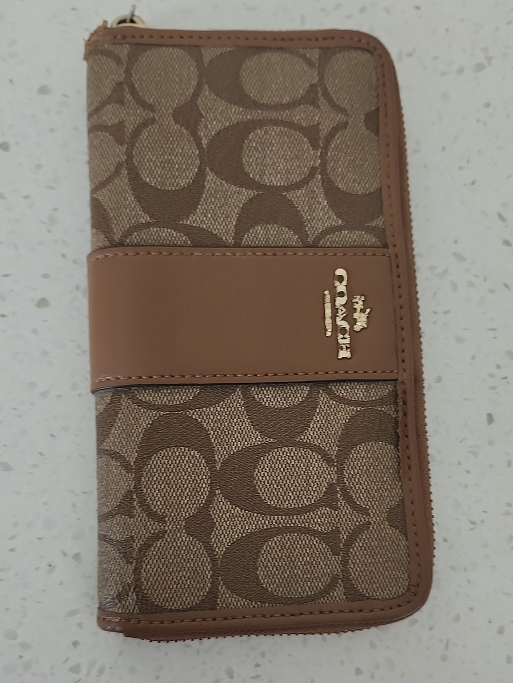 Coach Tan Brown Signature Zip Card Holder with Leather Band